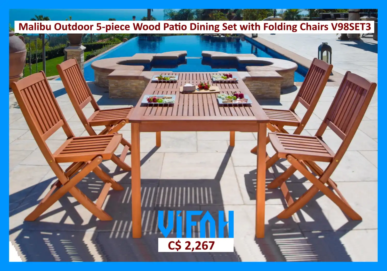 MALIBU Outdoor #V98SET3 5-piece Wood Patio Dining Set with Folding Chairs
