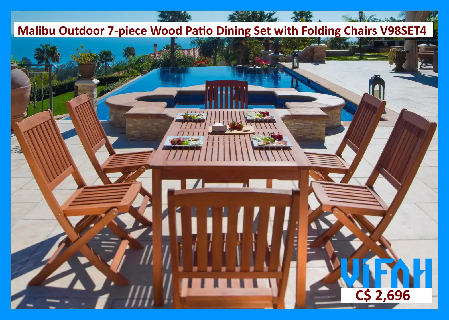 MALIBU Outdoor #V98SET04 7-piece Wood Patio Dining Set with Folding Chairs