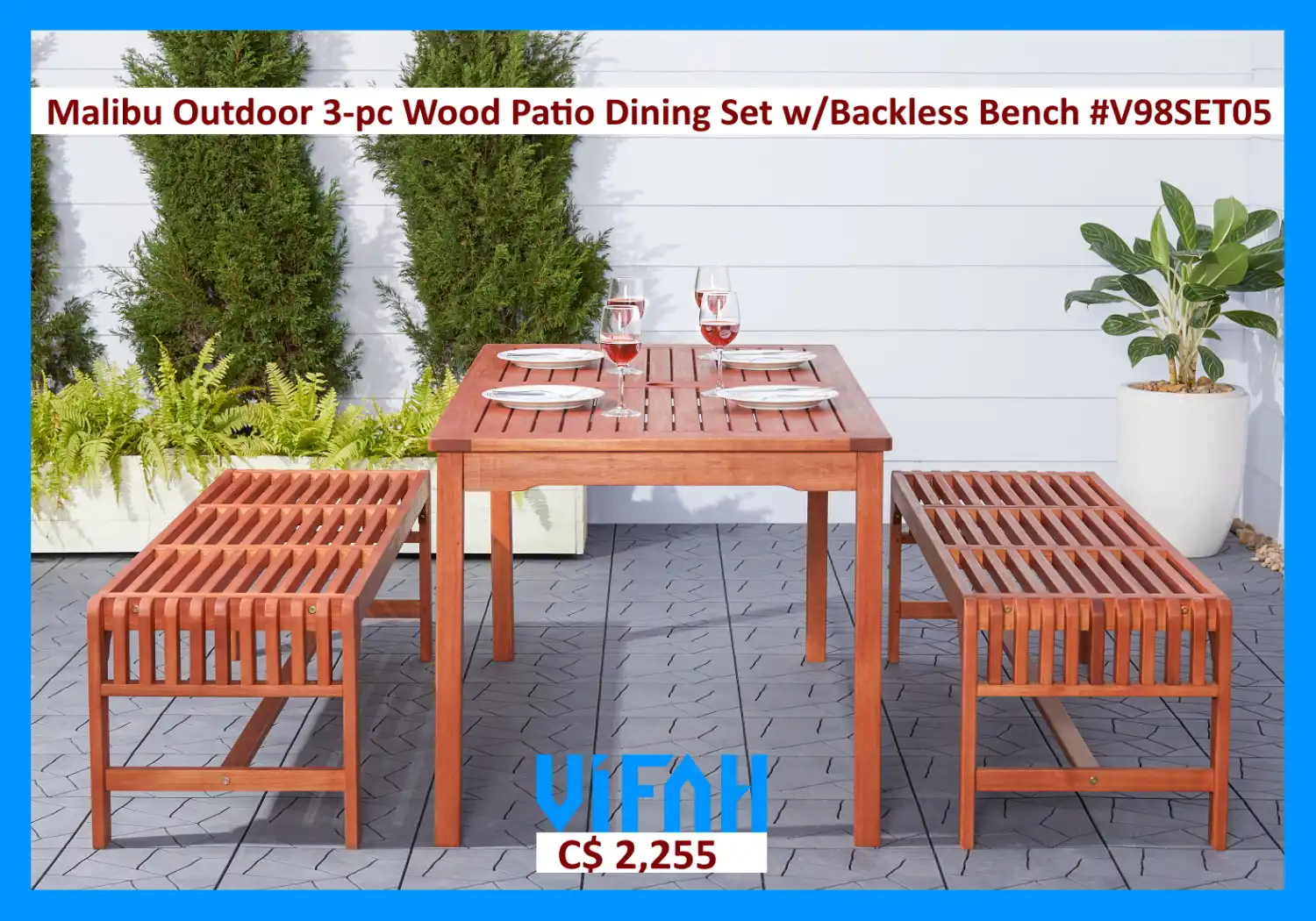 MALIBU Outdoor #V98SET05 3-piece Wood Patio Dining Set with Backless Bench