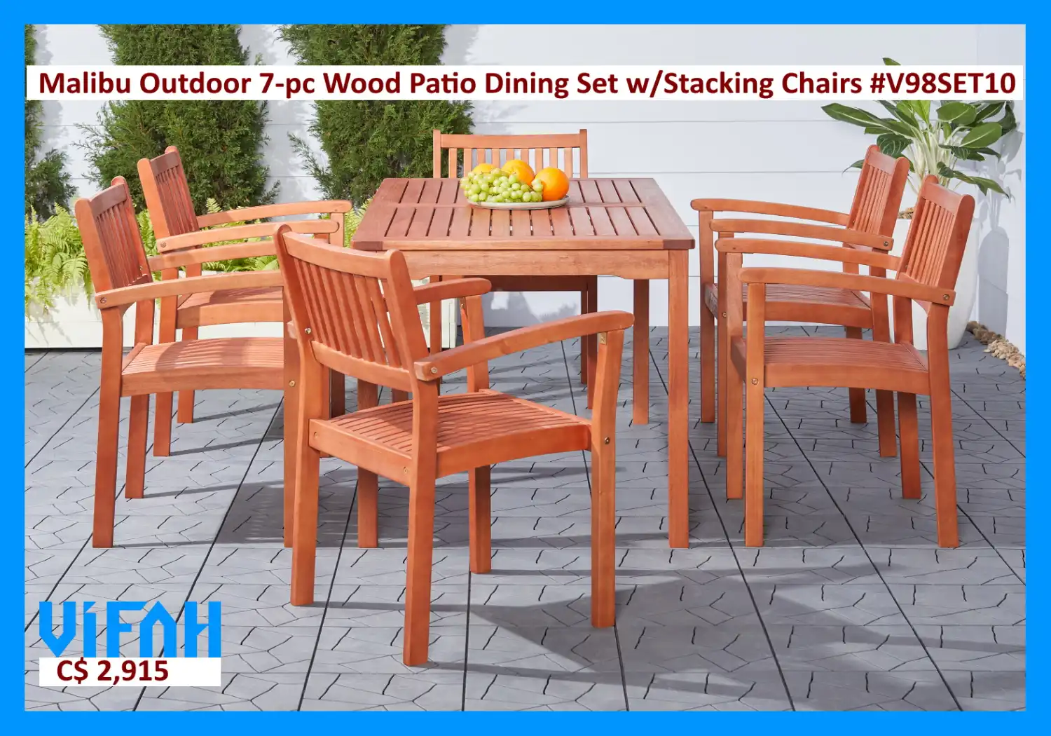 MALIBU Outdoor #V98SET10 7-piece Wood Patio Dining Set with Stacking Chairs