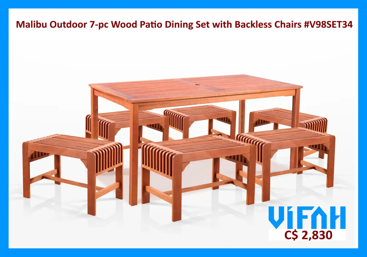 MALIBU Outdoor #V98SET34 7-piece Wood Patio Dining Set with Backless Chairs