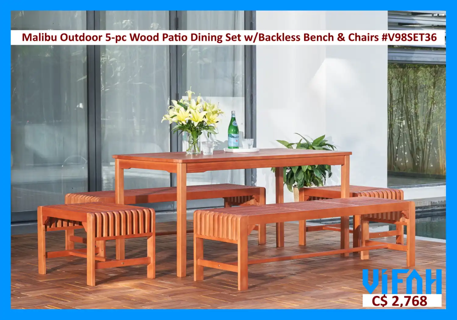 MALIBU Outdoor #V98SET36 5-piece Wood Patio Dining Set with Backless Bench and Chairs