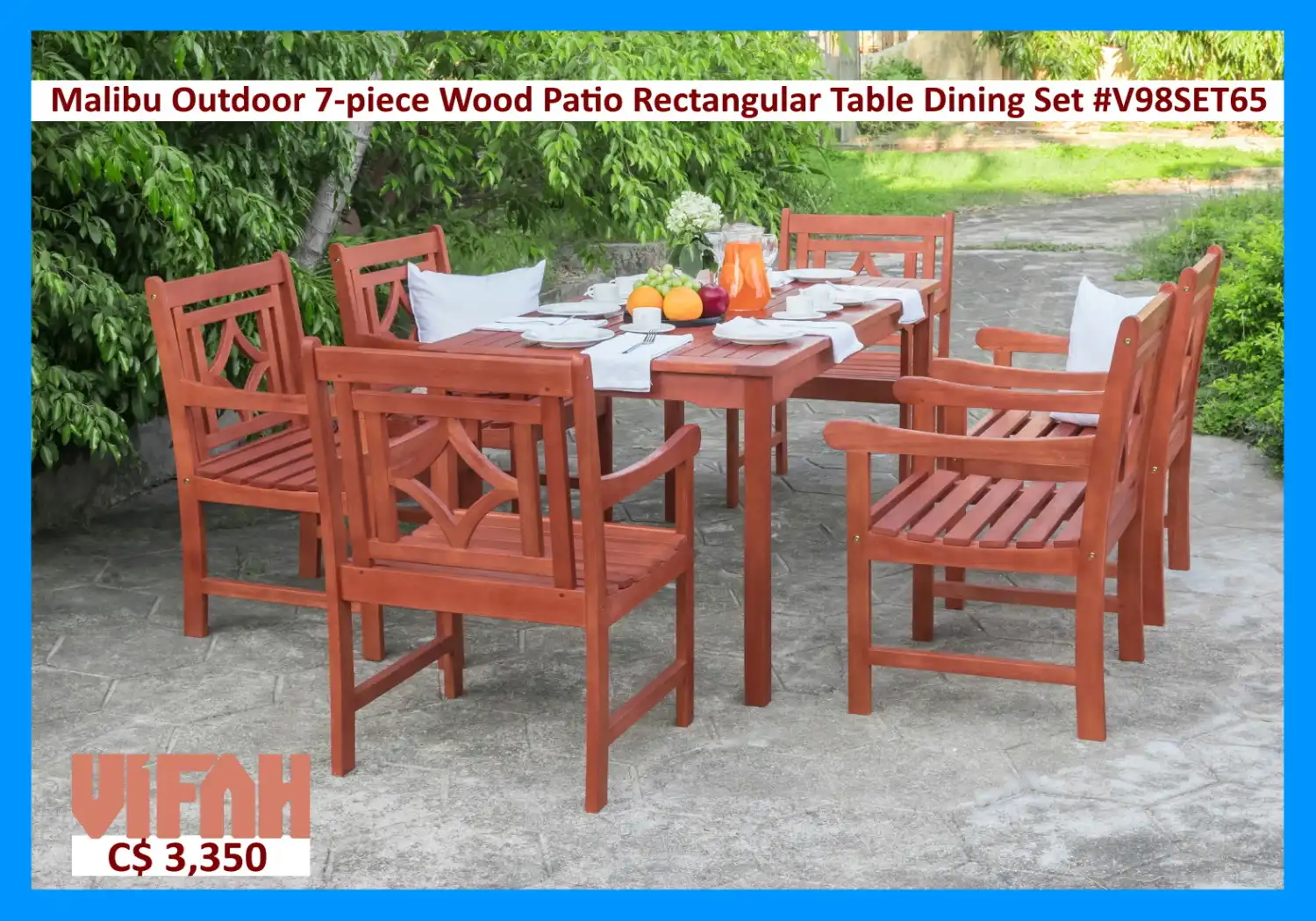 MALIBU Outdoor #V98SET65 7-piece Wood Patio Rectangular Table Dining Set