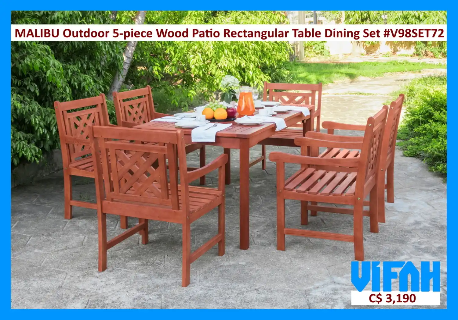MALIBU Outdoor #V98SET72 7-piece Wood Patio Rectangular Table Dining Set