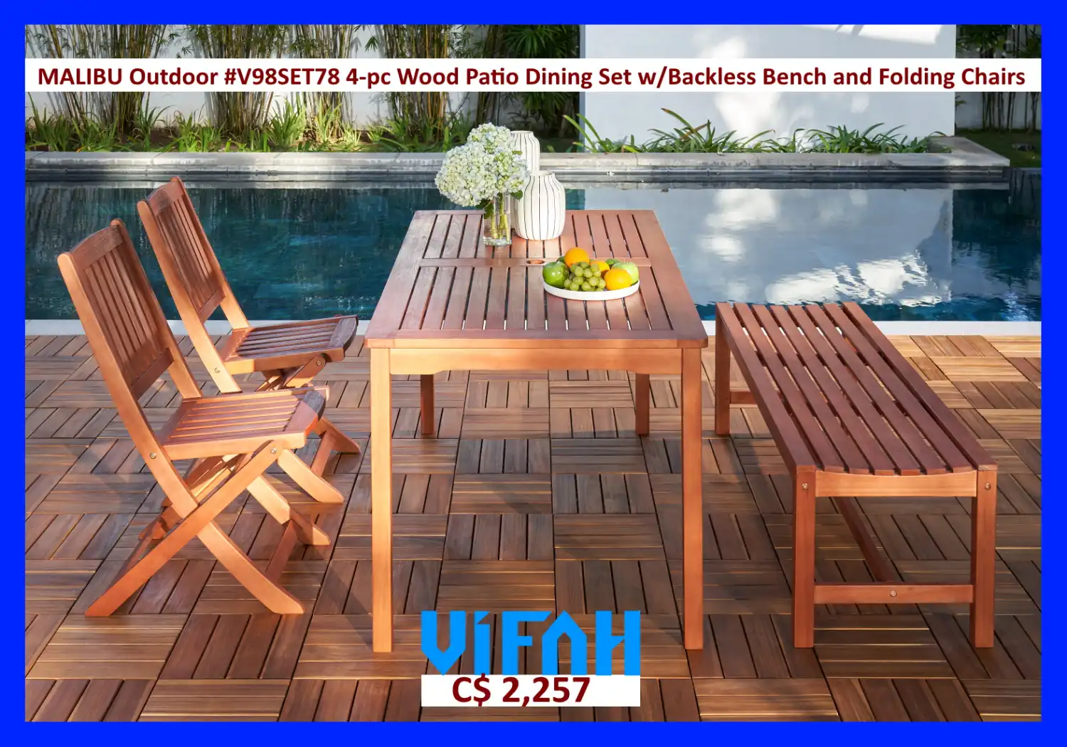 MALIBU Outdoor #V98SET78 4-piece Wood Patio Dining Set with Backless Bench and Folding Chairs