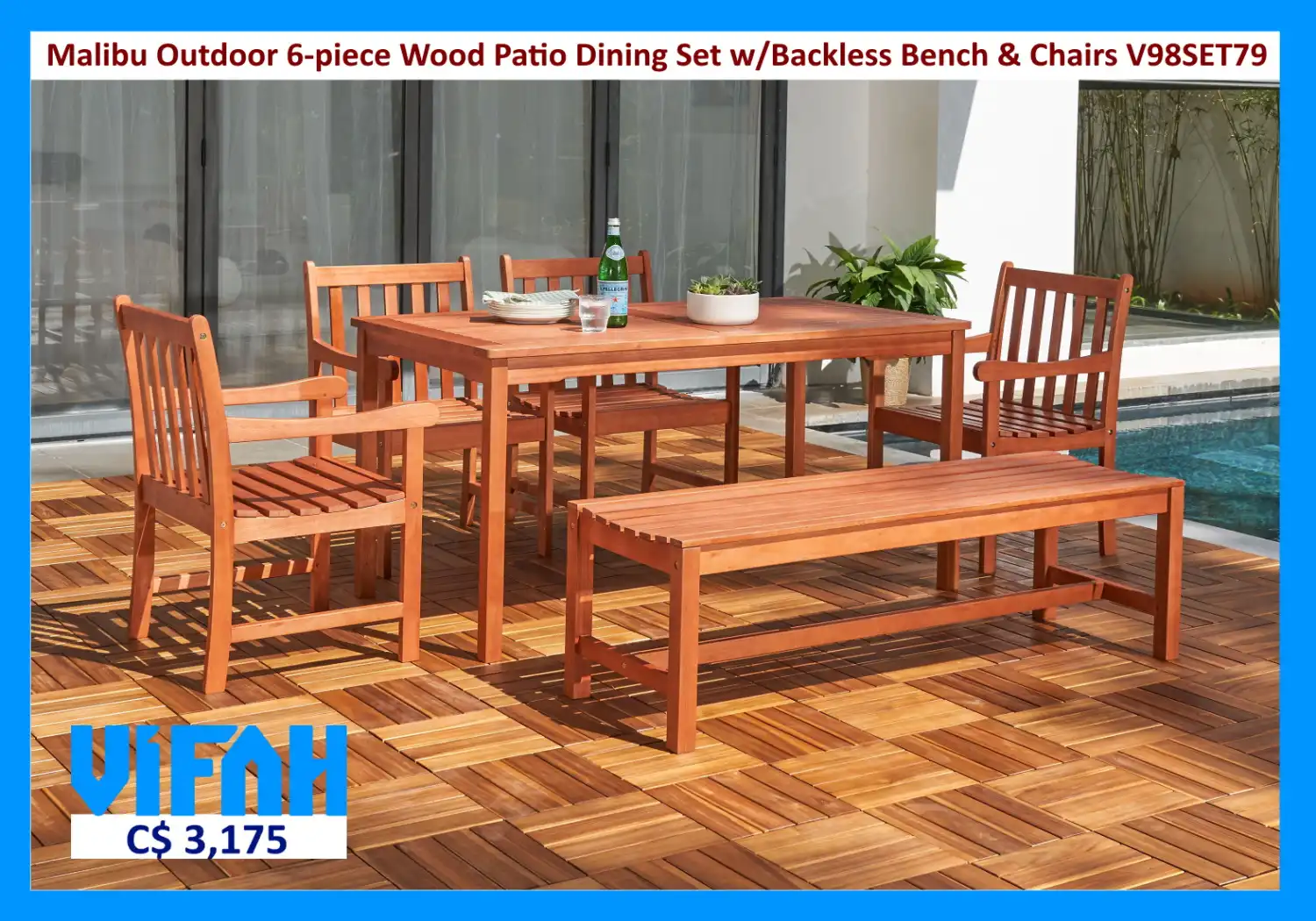 MALIBU Outdoor #V98SET79 6-piece Wood Patio Dining Set with Backless Bench and Chairs