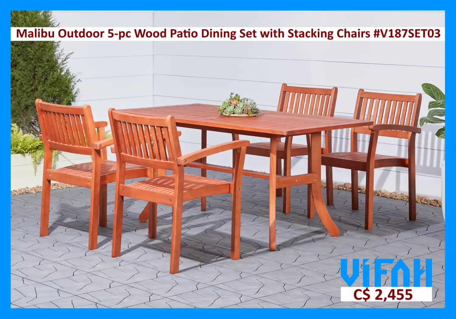 MALIBU Outdoor #V187SET03 5-piece Wood Patio Dining Set with Stacking Chairs