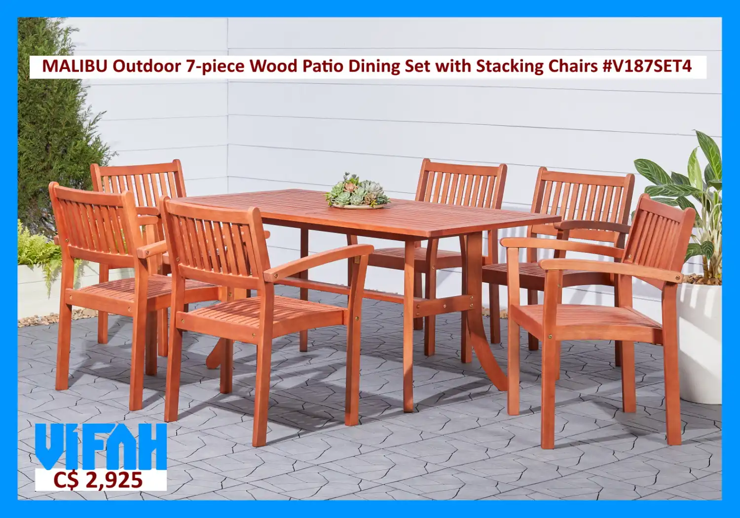 MALIBU Outdoor #V187SET4 7-piece Wood Patio Dining Set with Stacking Chairs
