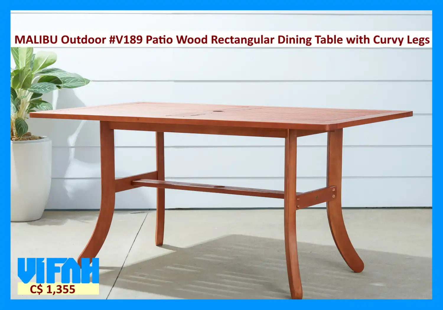 MALIBU Outdoor #V189 Patio Wood Rectangular Dining Table with Curvy Legs