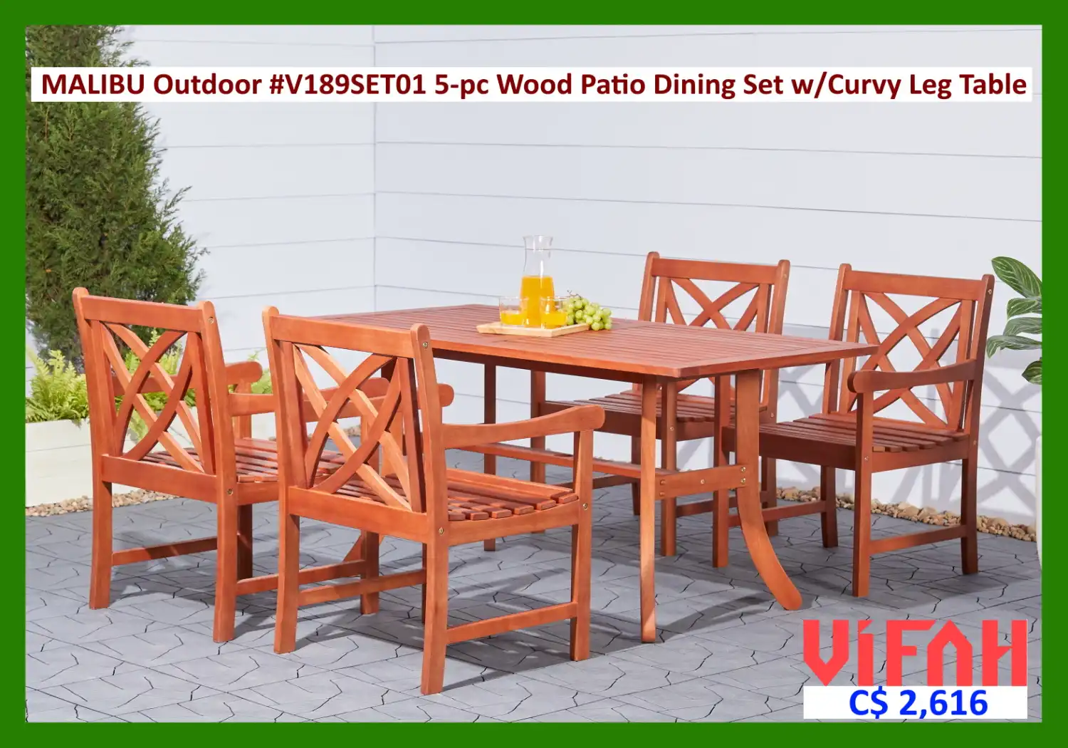 MALIBU Outdoor #V189SET01 5-piece Wood Patio Dining Set with Curvy Leg Table