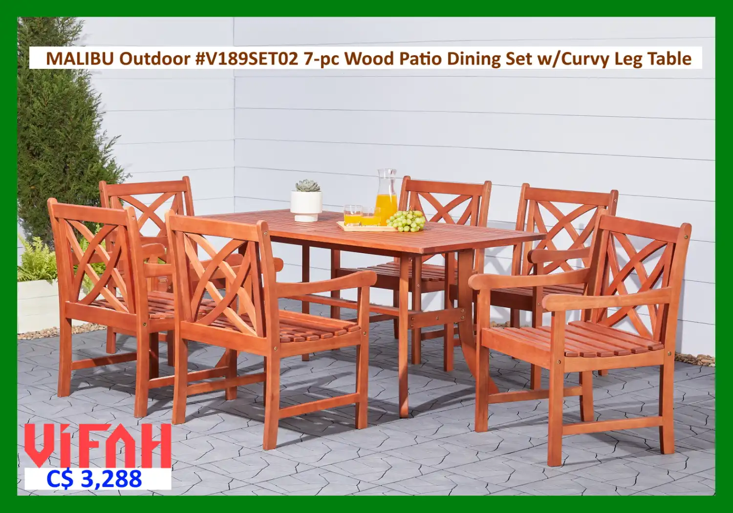 MALIBU Outdoor #V189SET02 7-piece Wood Patio Dining Set with Curvy Leg Table