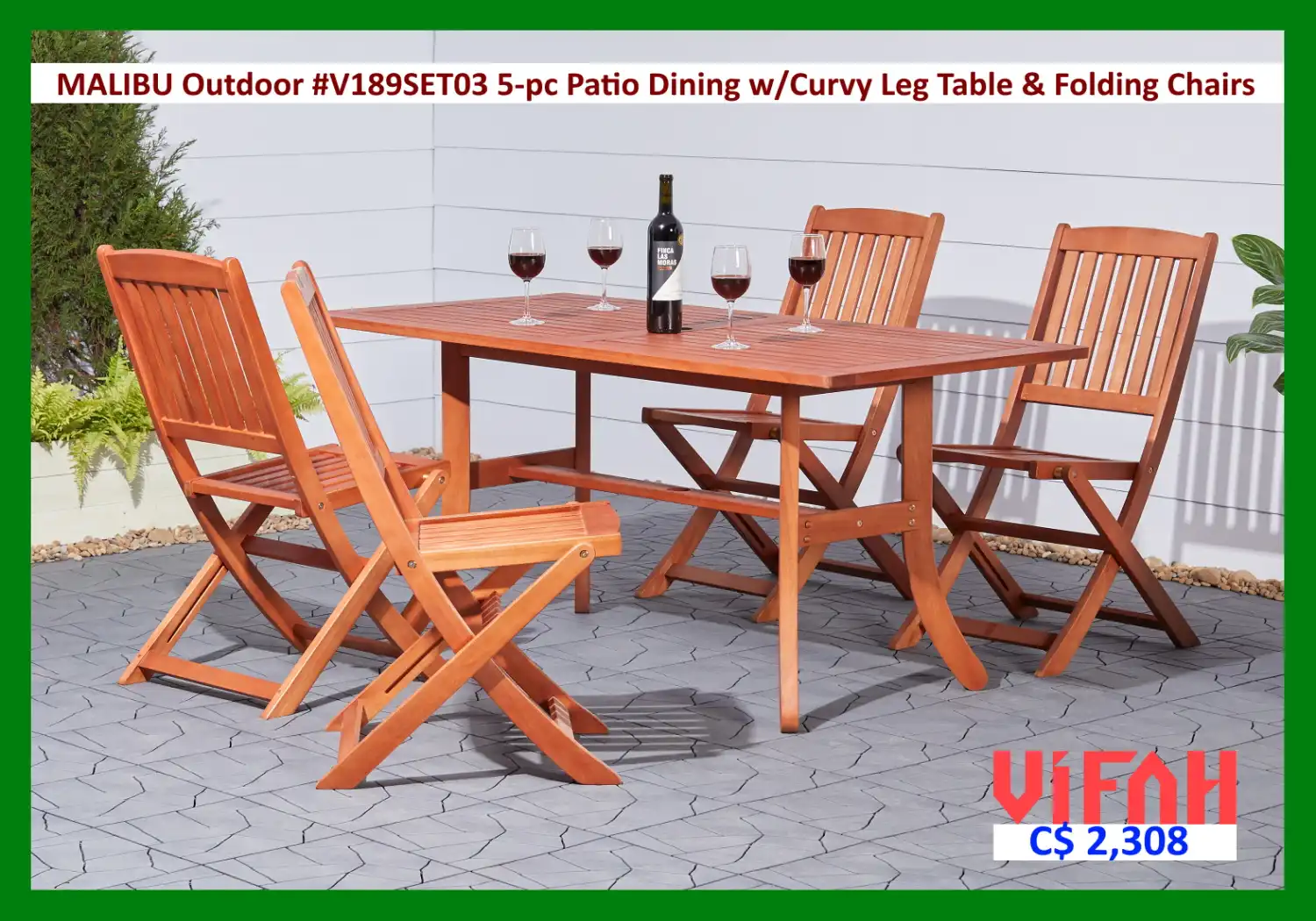 MALIBU Outdoor #V189SET03 5-piece Wood Patio Dining Set with Curvy Leg Table & Folding Chairs