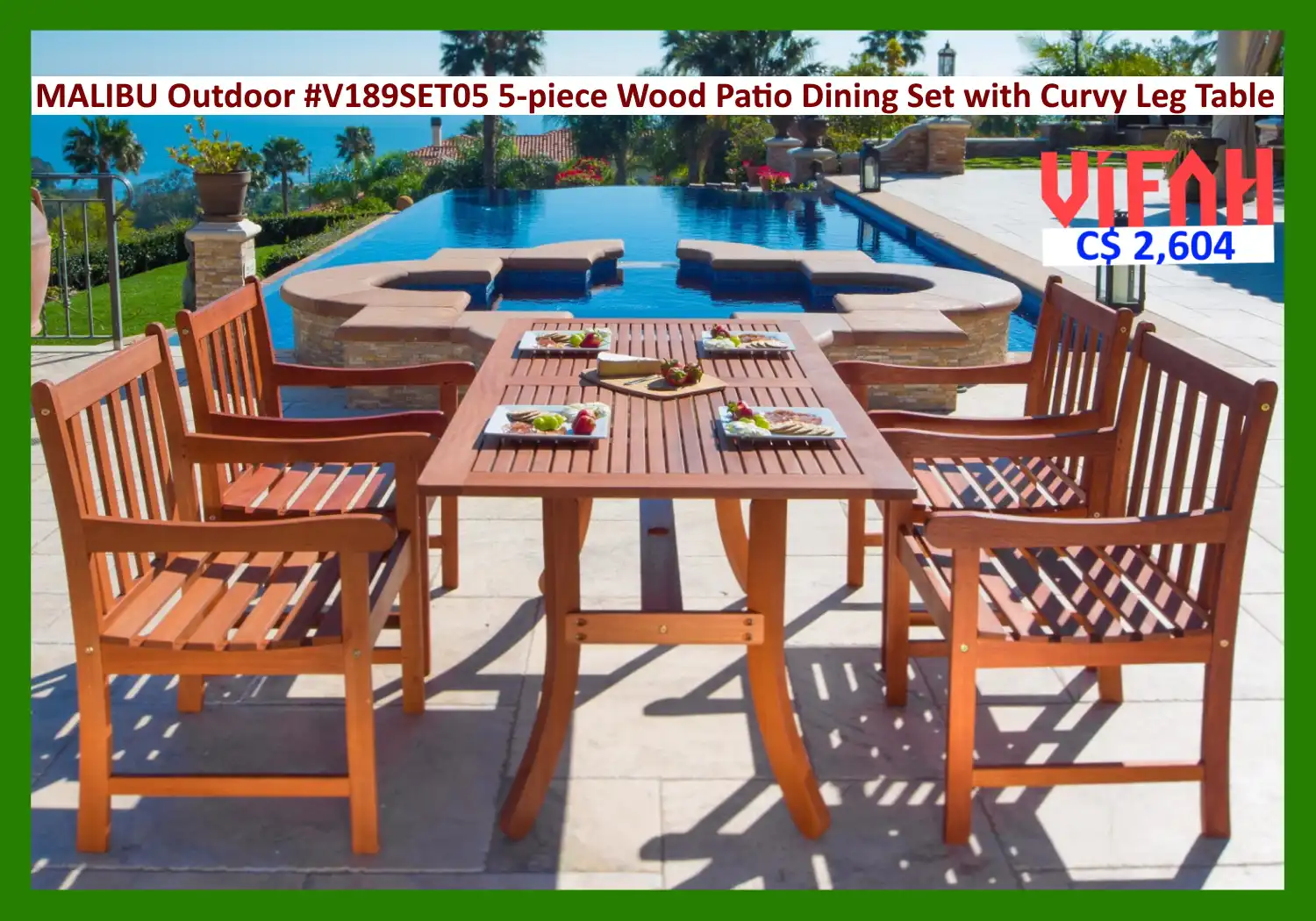 MALIBU Outdoor #V189SET07 7-piece Wood Patio Dining Set with Curvy Leg Table & Folding Chairs