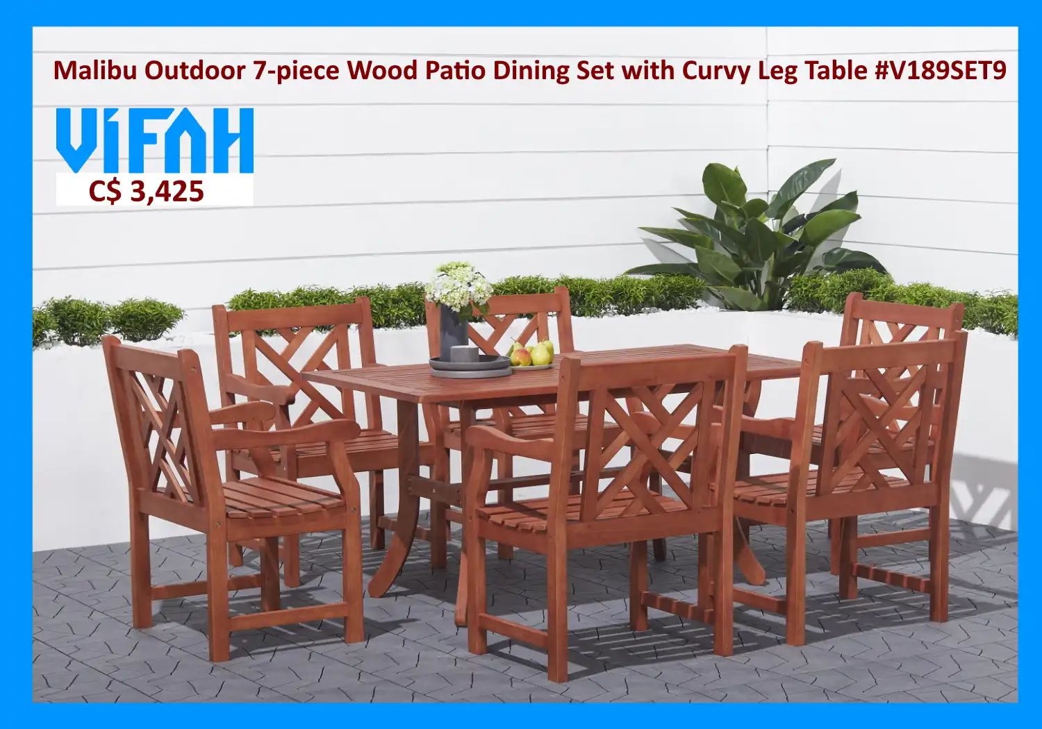 MALIBU Outdoor #V189SET09 7-piece Wood Patio Dining Set with Curvy Leg Table