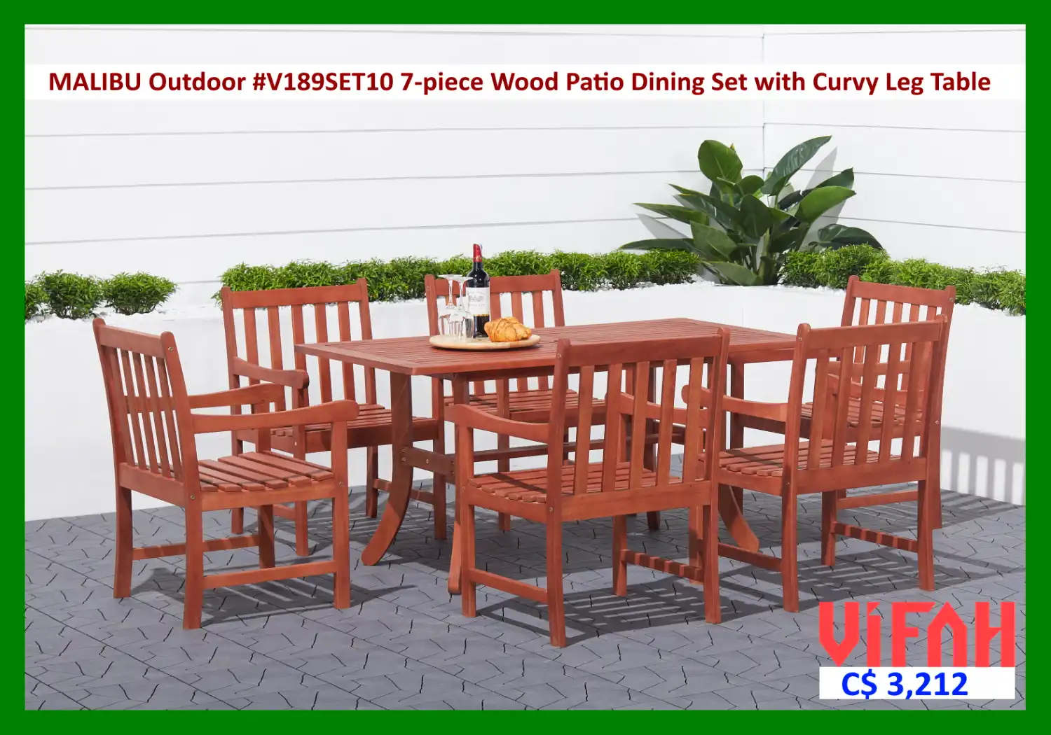 MALIBU Outdoor #V189SET10 7-piece Wood Patio Dining Set with Curvy Leg Table
