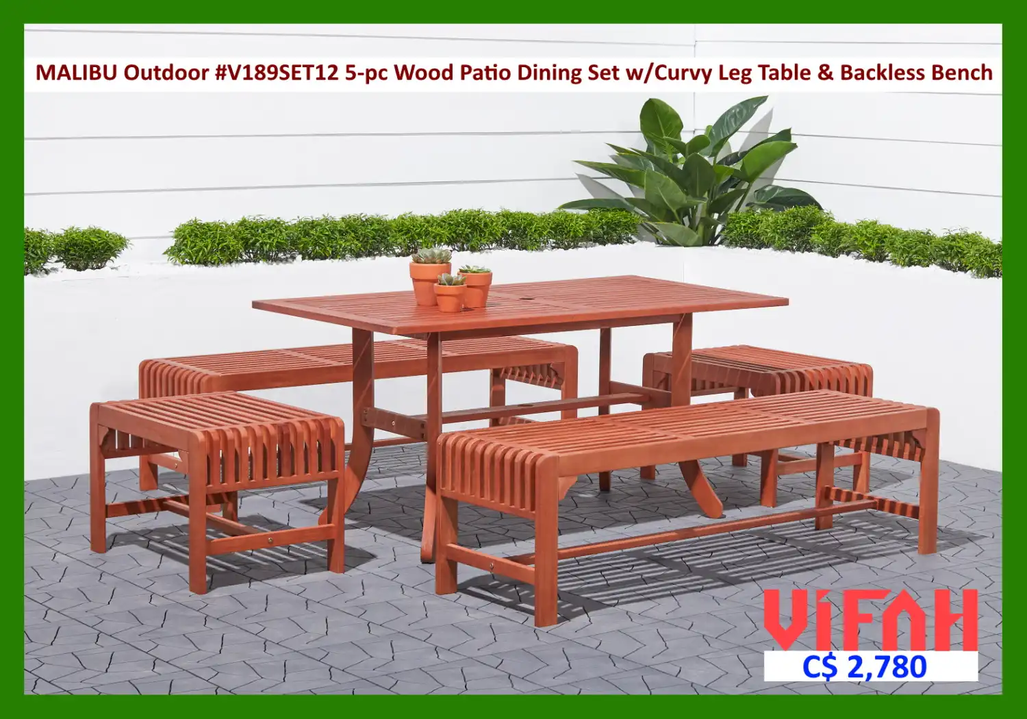 MALIBU Outdoor #V189SET12 5-piece Wood Patio Dining Set with Curvy Leg Table & Backless Bench