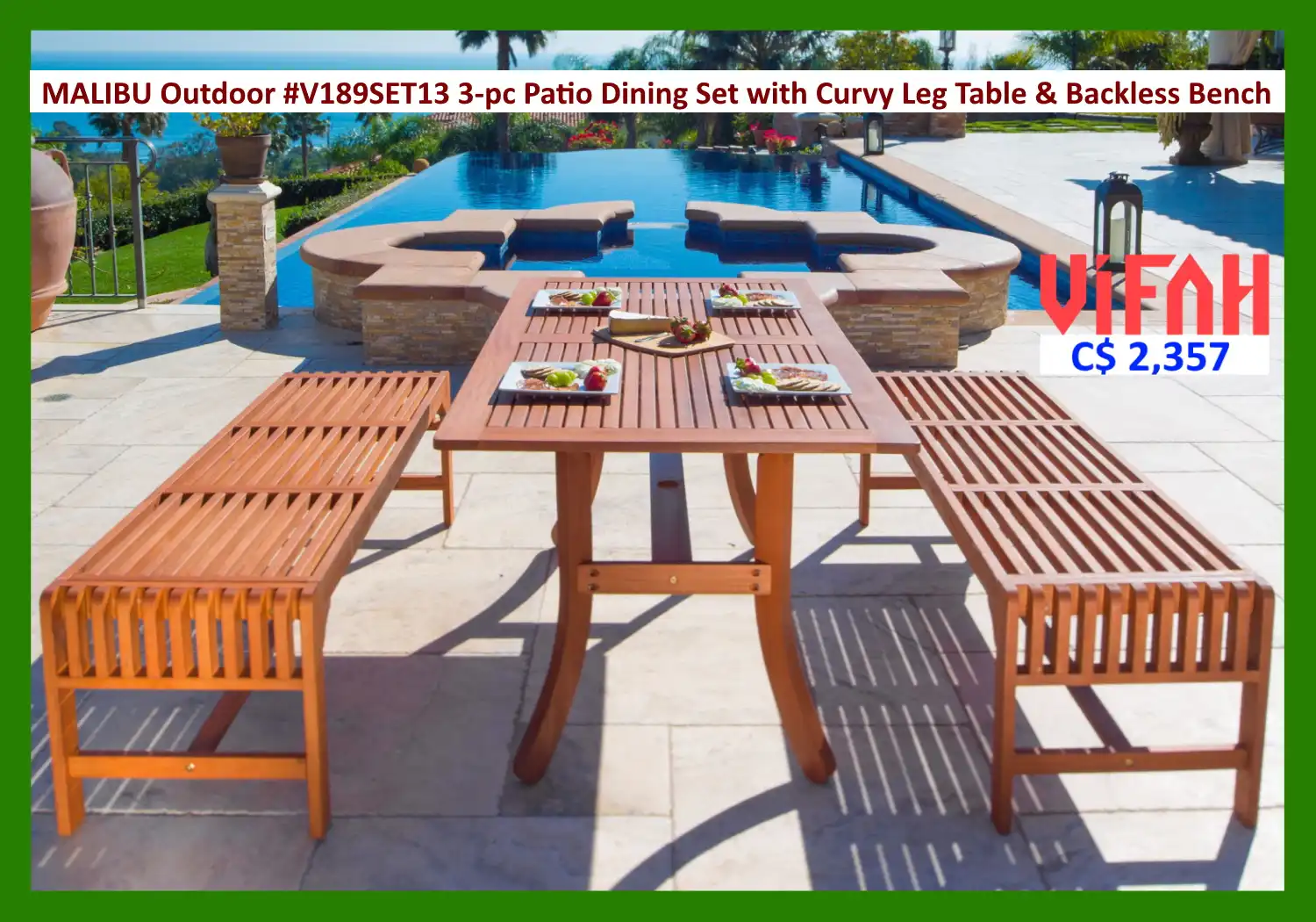 MALIBU Outdoor #V189SET13 3-piece Wood Patio Dining Set with Curvy Leg Table & Backless Bench