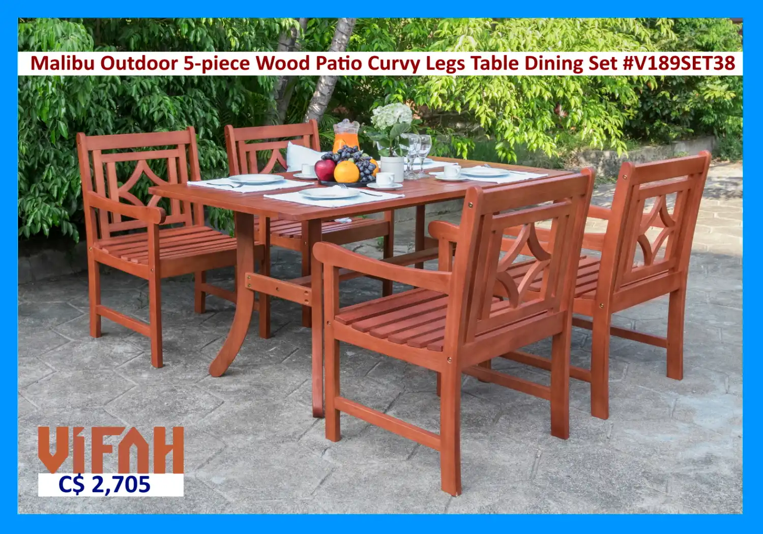 MALIBU Outdoor #V189SET38 5-piece Wood Patio Curvy Legs Table Dining Set