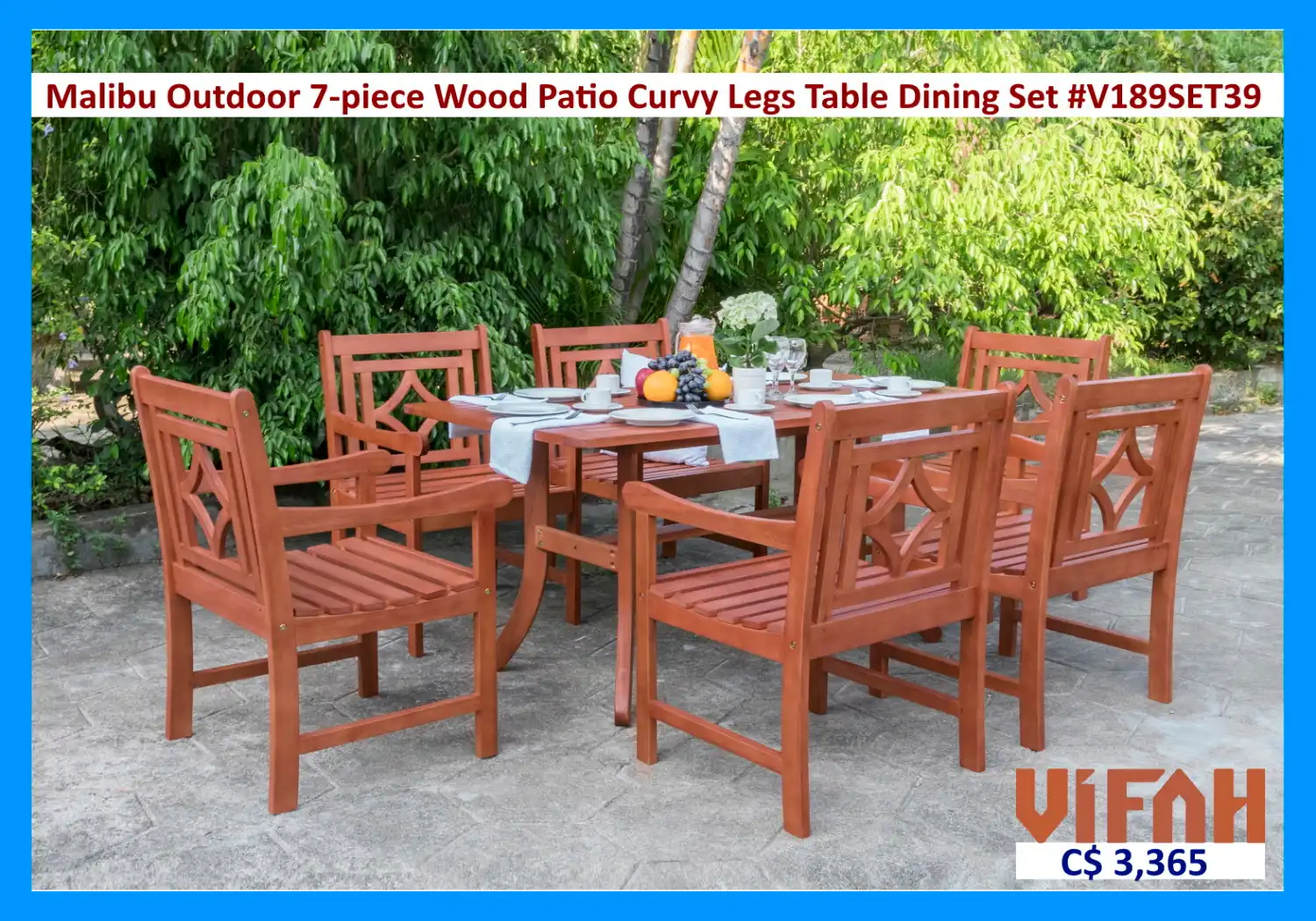 MALIBU Outdoor #V189SET39 7-piece Wood Patio Curvy Legs Table Dining Set