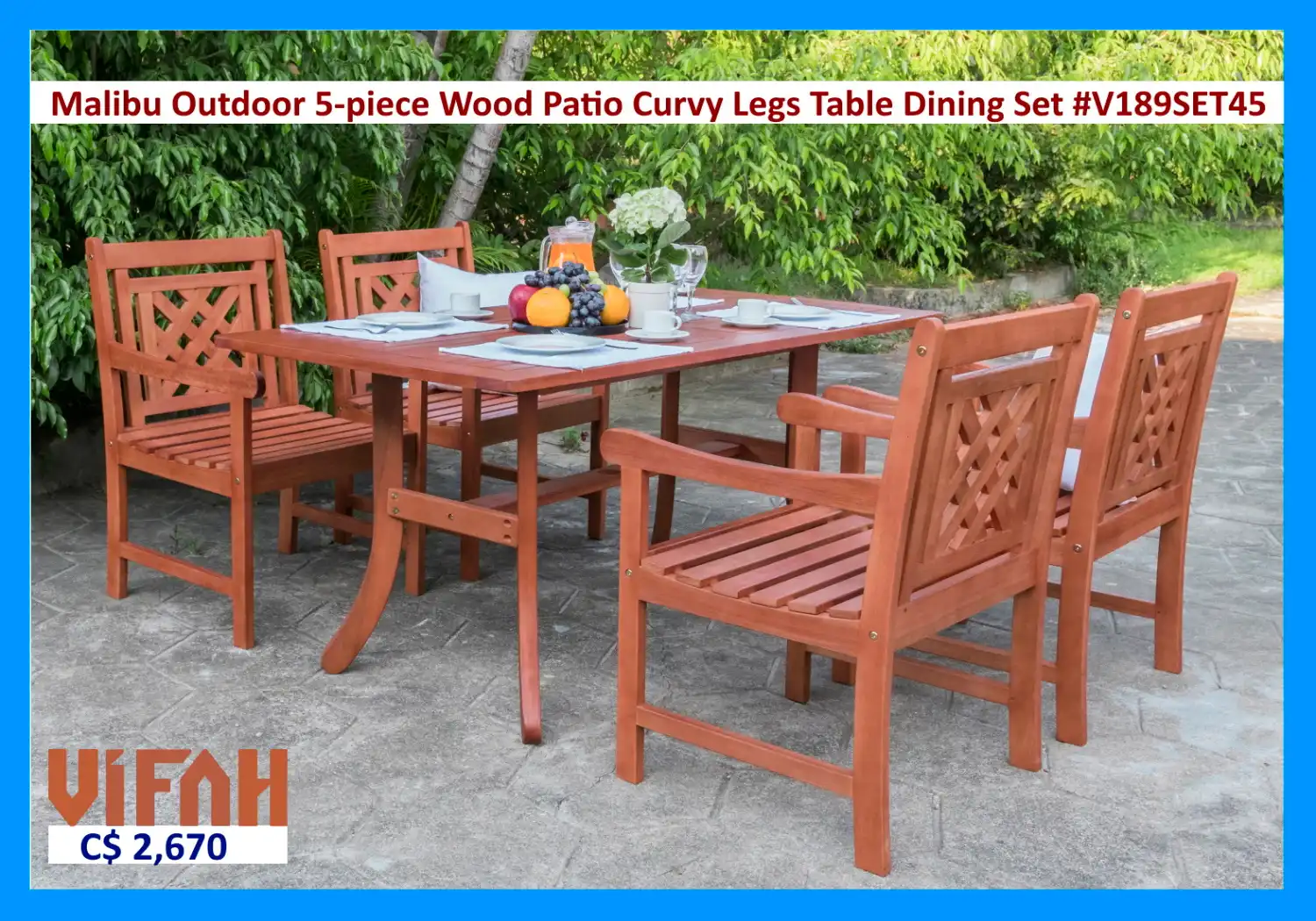 MALIBU Outdoor #V189SET45 5-piece Wood Patio Curvy Legs Table Dining Set