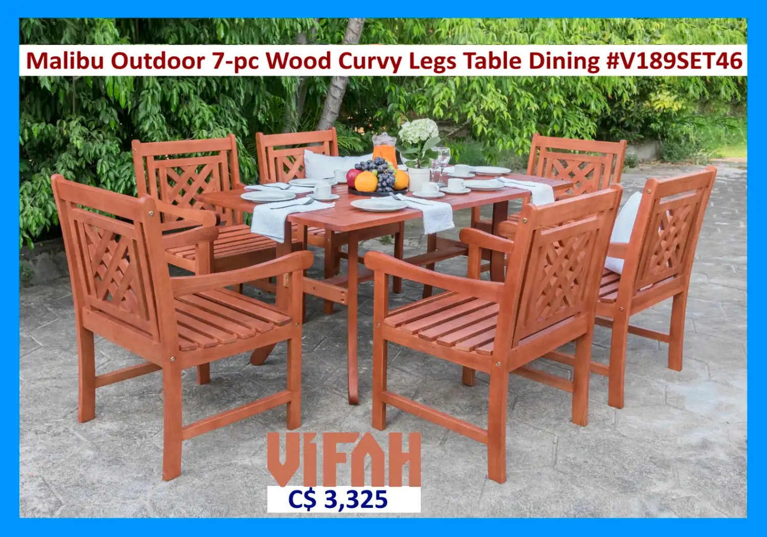 MALIBU Outdoor #V189SET46 7-piece Wood Patio Curvy Legs Table Dining Set