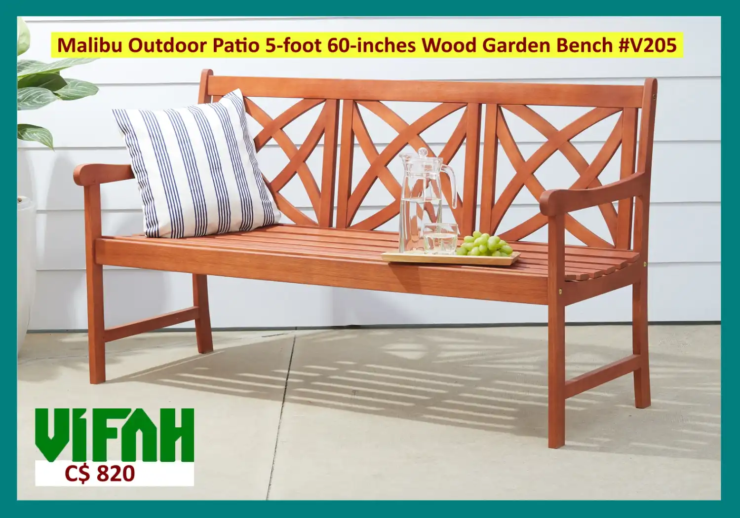 MALIBU Outdoor #V205 Patio 5-foot 60-inches Wood Garden Bench