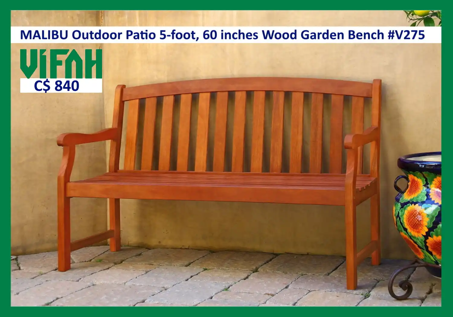 MALIBU Outdoor #V275 (1) Patio 5-foot 60 inches Wood Garden Bench