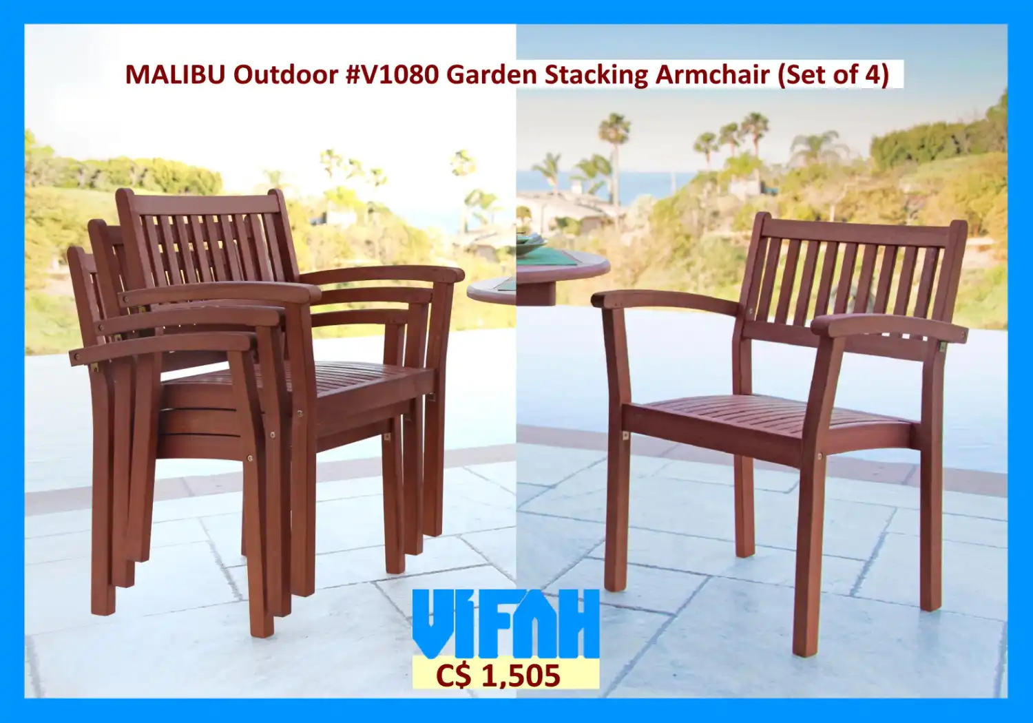 MALIBU Outdoor #V1080 Garden Stacking Armchair (Set of 4)