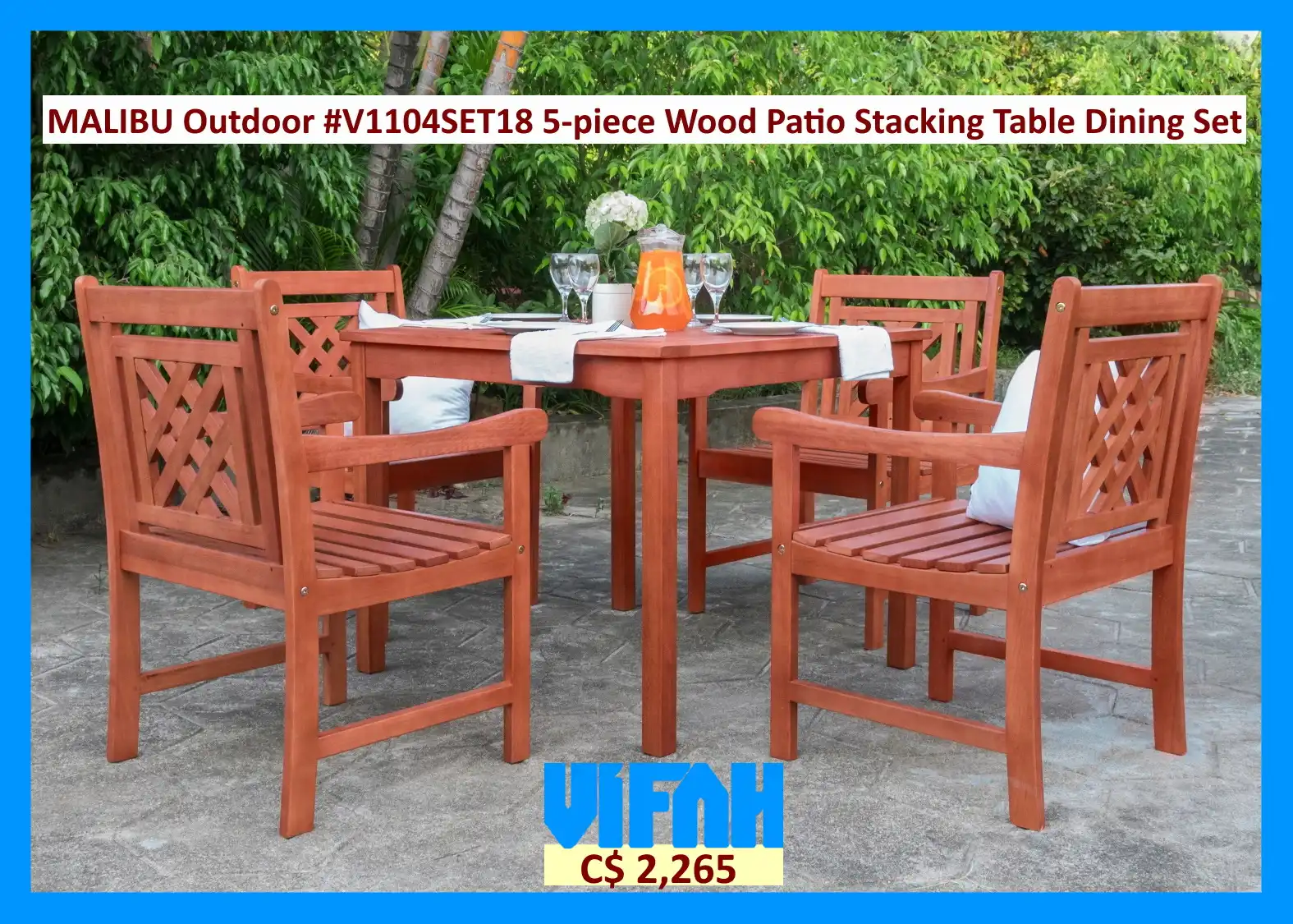 MALIBU Outdoor #V1104SET18 5-piece Wood Patio Stacking Table Dining Set