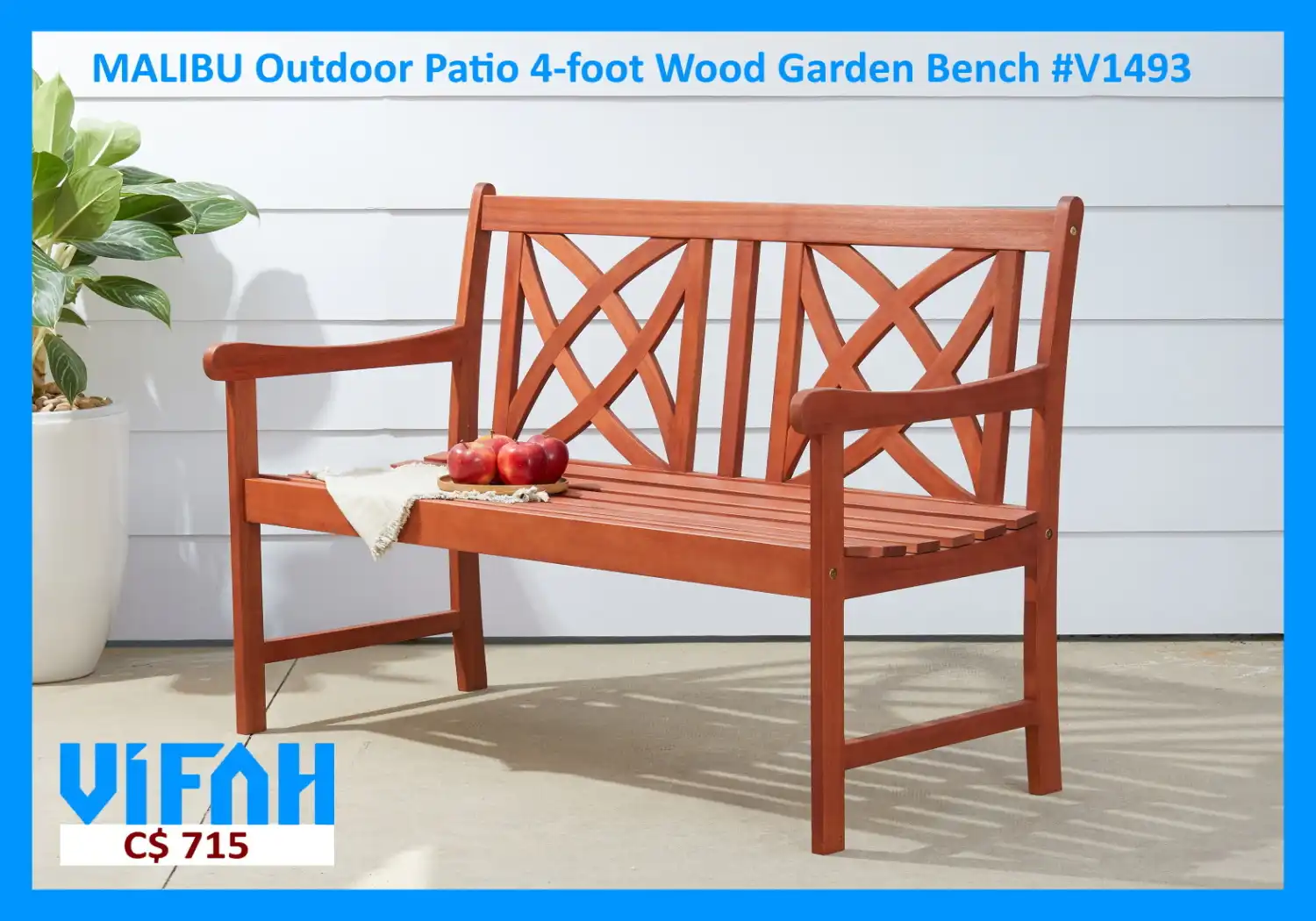 MALIBU Outdoor #V1493 Patio 4-foot 48-inches Wood Garden Bench