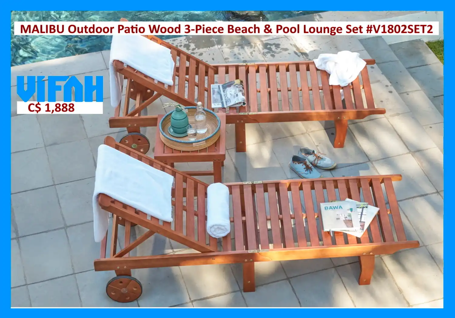 MALIBU Outdoor #V1802SET02 Patio Wood 3-Piece Beach & Pool Lounge Set 