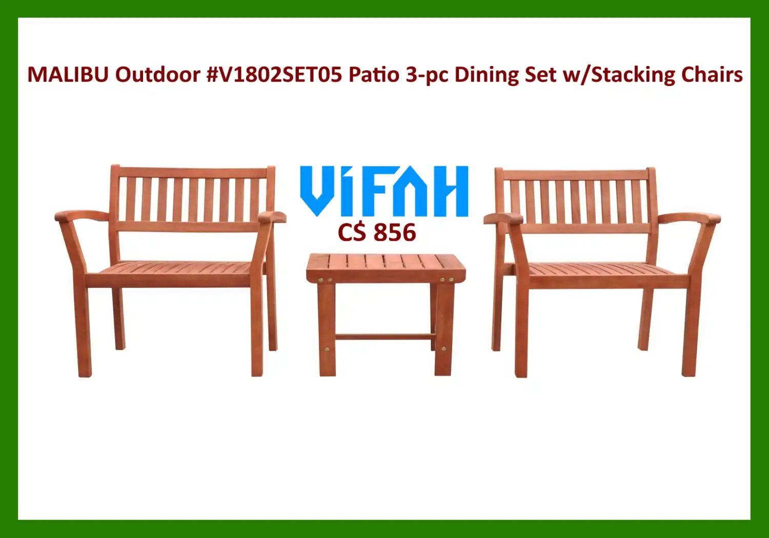 MALIBU Outdoor #V1802SET05 Patio 3-Piece Wood Dining Set with Stacking Chair