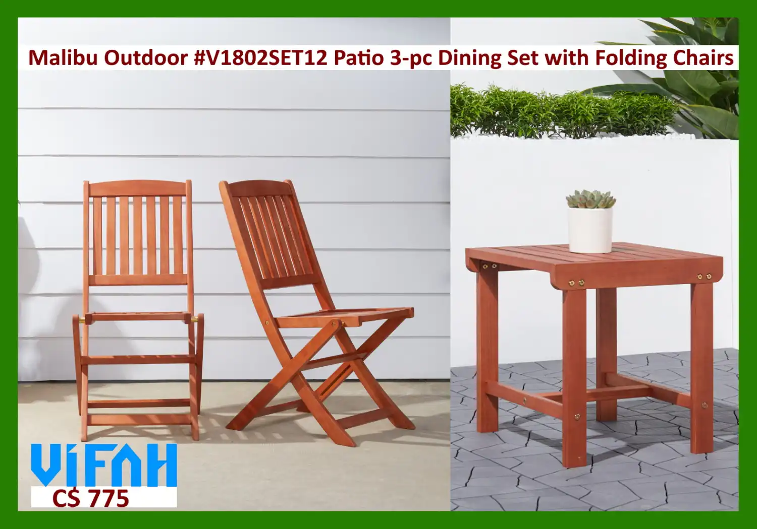 MALIBU Outdoor #V1802SET12 Patio 3-Piece Wood Dining Set with Folding Chair