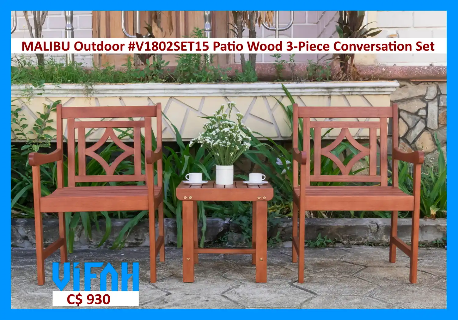 MALIBU Outdoor #V1802SET15 Patio Wood 3-Piece Conversation Set