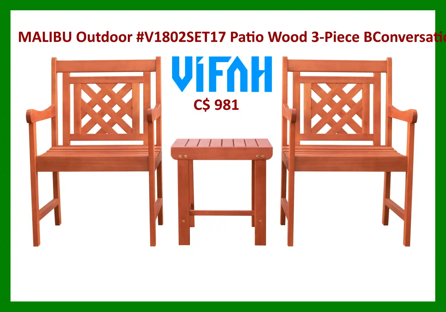 MALIBU Outdoor #V1802SET17 Patio Wood 3-Piece BConversation Set