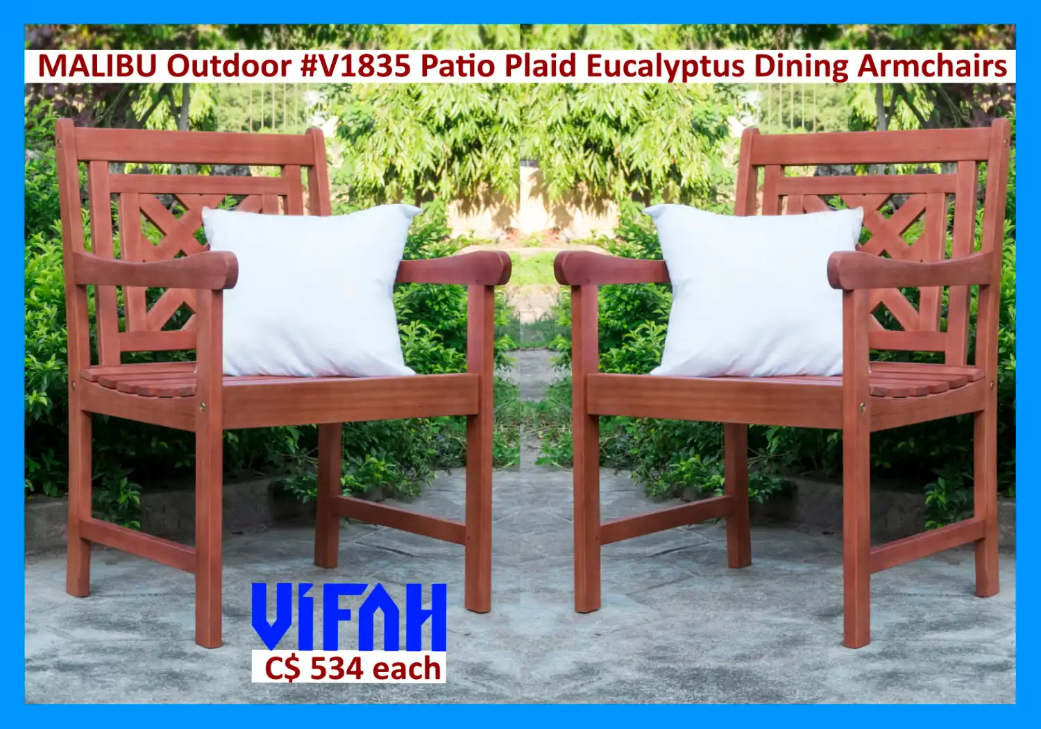 MALIBU Outdoor #V1835 Patio Plaid Eucalyptus Dining Armchairs