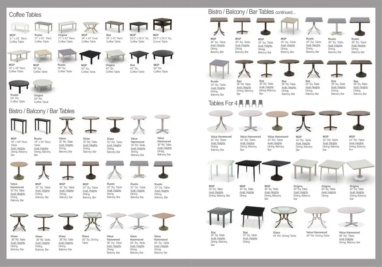 COFFEE, BISTRO & BAR TABLES (TABLES FOR 4)