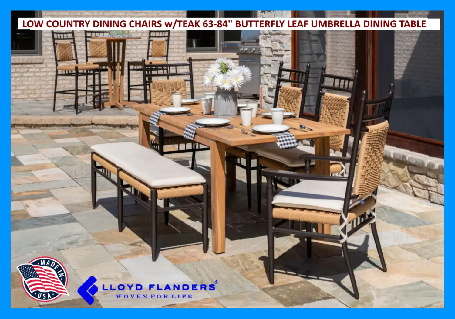 LOW COUNTRY DINING CHAIRS WITH TEAK 63"-84" BUTTERFLY LEAF UMBRELLA DINING TABLE
