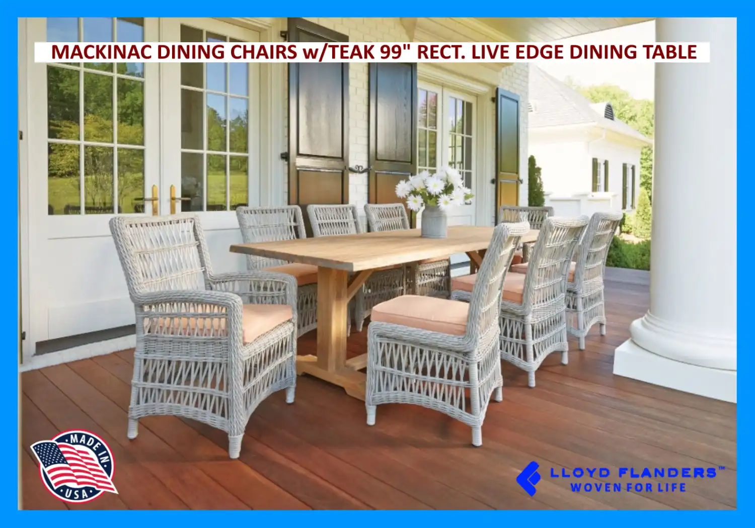 MACKINAC DINING CHAIRS WITH TEAK 99" RECTANGULAR LIVE EDGE DINING TABLE