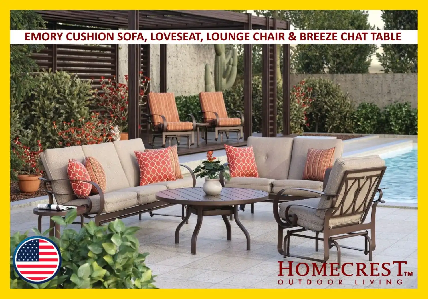 EMORY CUSHION SOFA, LOVESEAT, LOUNGE CHAIR & BREEZE CHAT TABLE