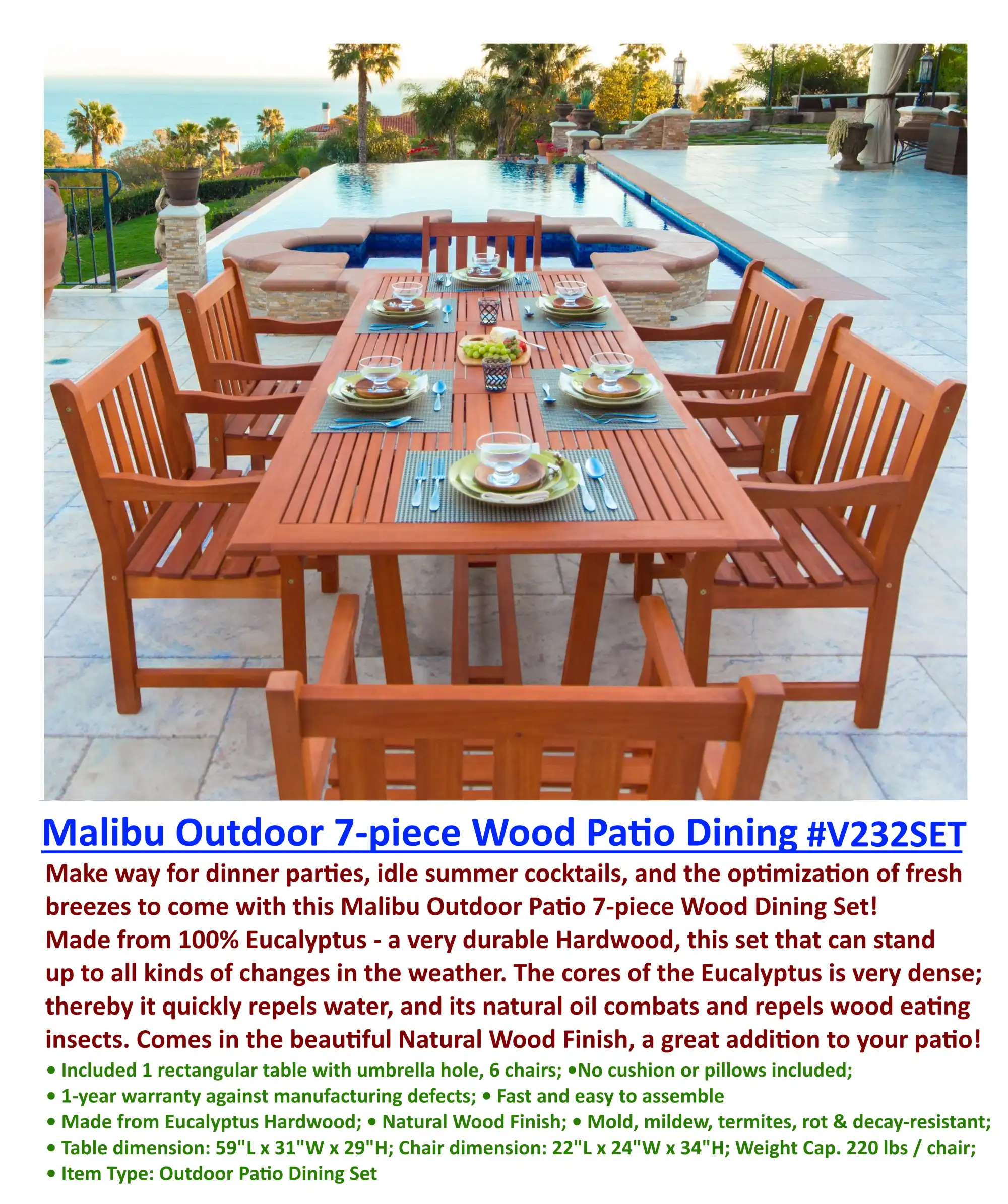 Malibu Outdoor 7-piece Wood Patio Dining Set #V232SET